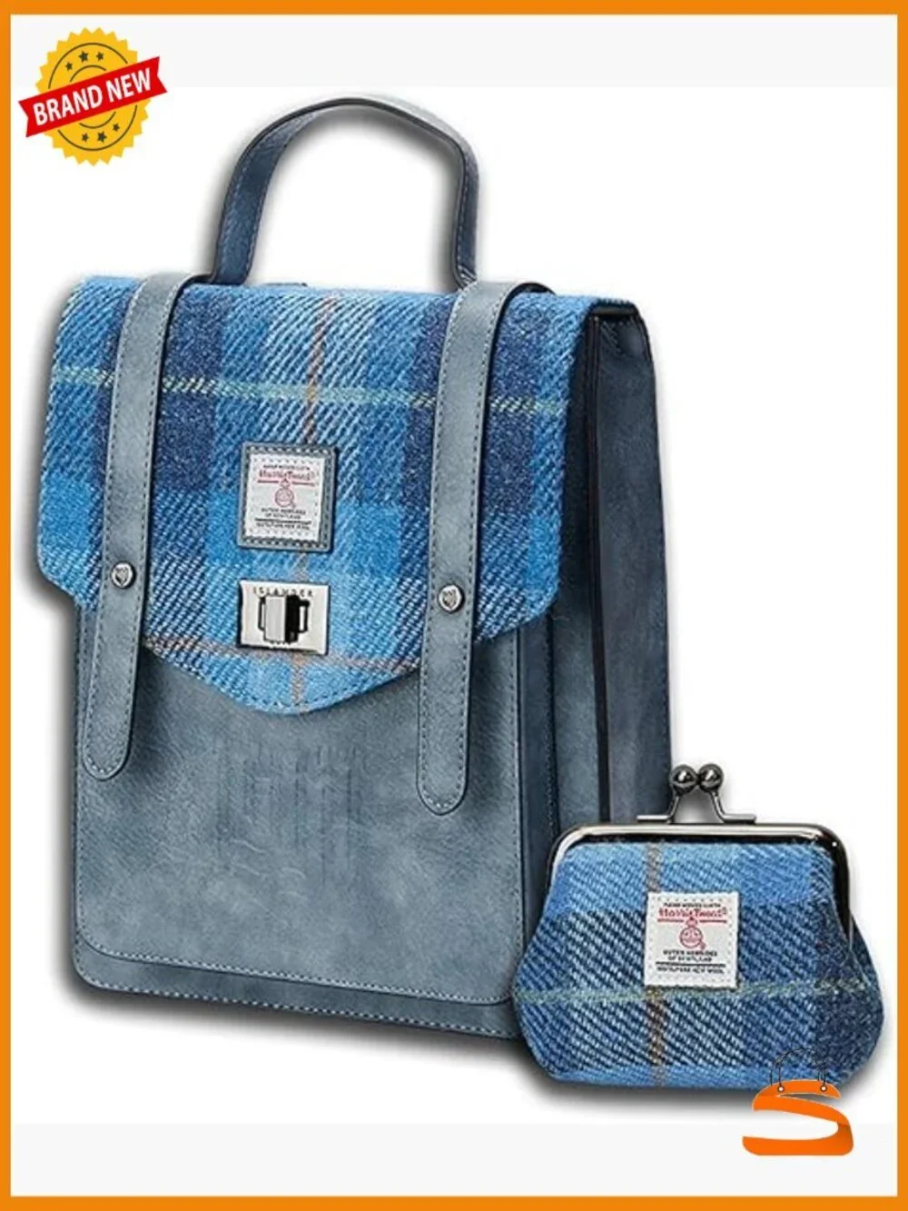 Scottish Harris Tweed Backpack & Coin Purse Set - Compact Casual Bag for Women